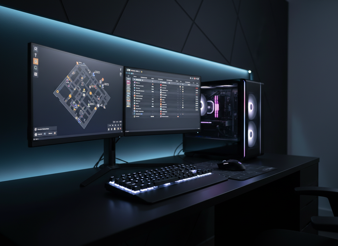 A high-end esports gaming setup focused on a sleek black PC tower with subtle RGB lighting, dual ultra-wide monitors displaying a tactical CS2 minimap and scoreboard, and a mechanical keyboard with crisp white backlighting. The rig sits on a clean matte-black desk against a dark, softly textured wall. Cool, controlled LED strips cast a faint blue glow, creating gentle reflections on the desk surface. Photographic realism with a slightly elevated, three-quarter angle, shallow depth of field keeping the PC and monitors in sharp focus while the background softly blurs. The mood is professional, analytical, and high-performance, ideal for a CS2 blog homepage hero image.